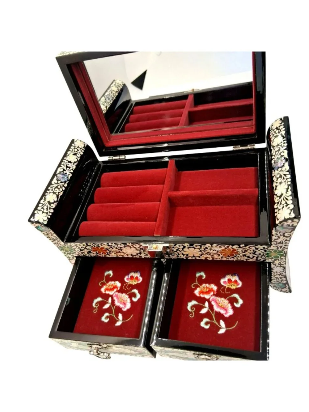 Elegant Mother-Of-Pearl Inlay Asian Jewelry Box Lacquered W Crane & Floral NWOB